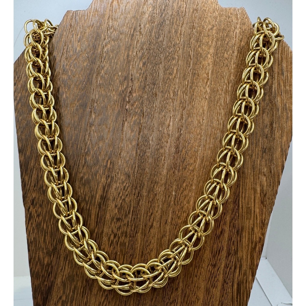 Vintage Gold Tone Chunky Multi Ring Woven Link Statement Chain Necklace